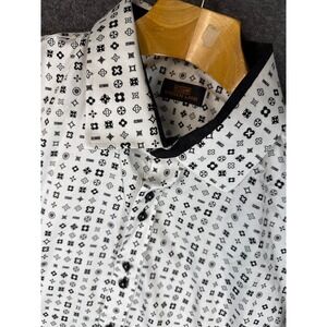 Steven Land White Black Geometric Long‎ Sleeve Button Up Shirt Mens Size 19 XXL